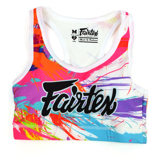 Colorful sports bra with 'Fairtex' branding on a white background