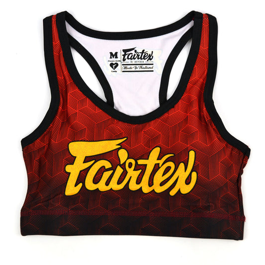 Red sports bra with yellow 'Fairtex' logo on a white background