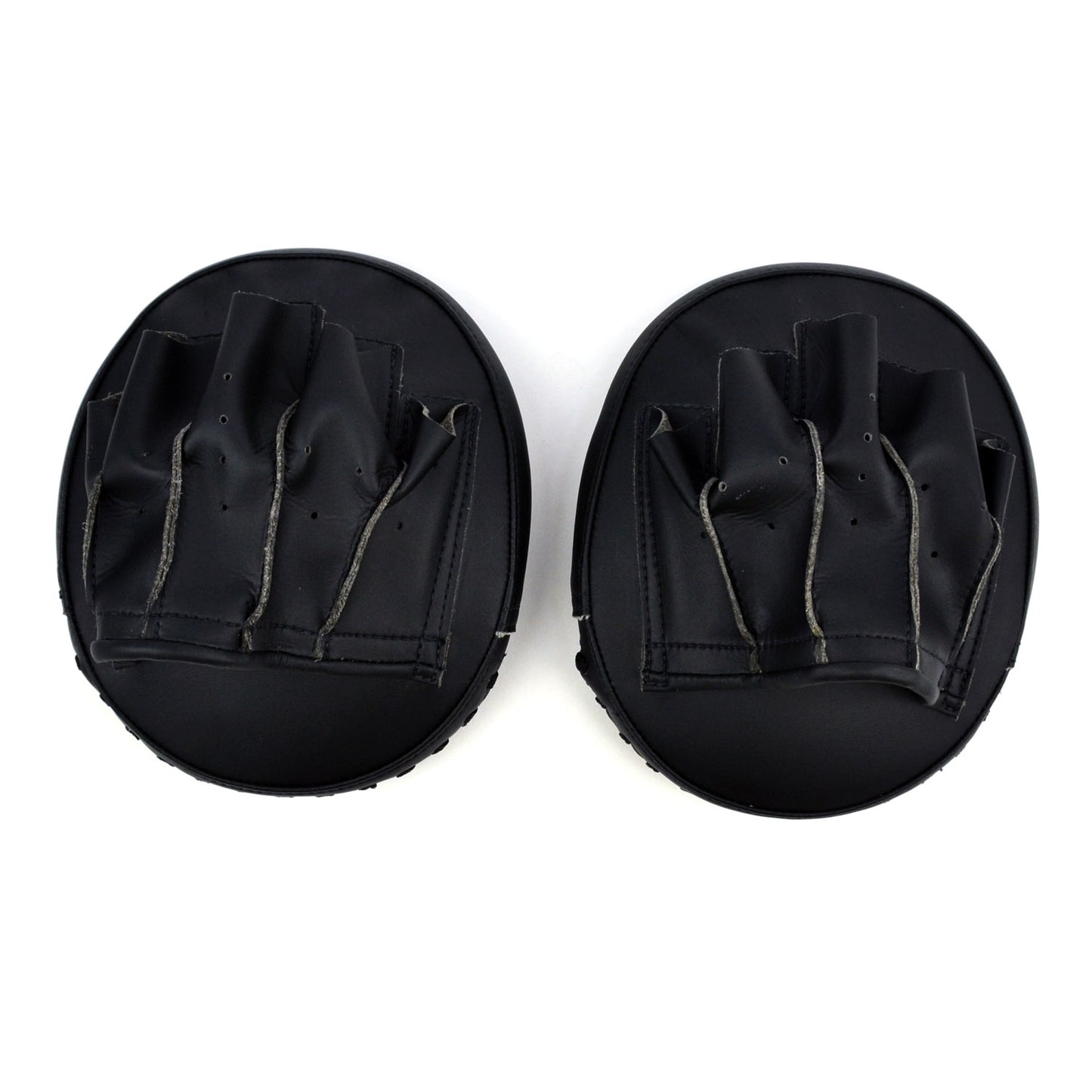 Two black gloves with fingerless design on a white background