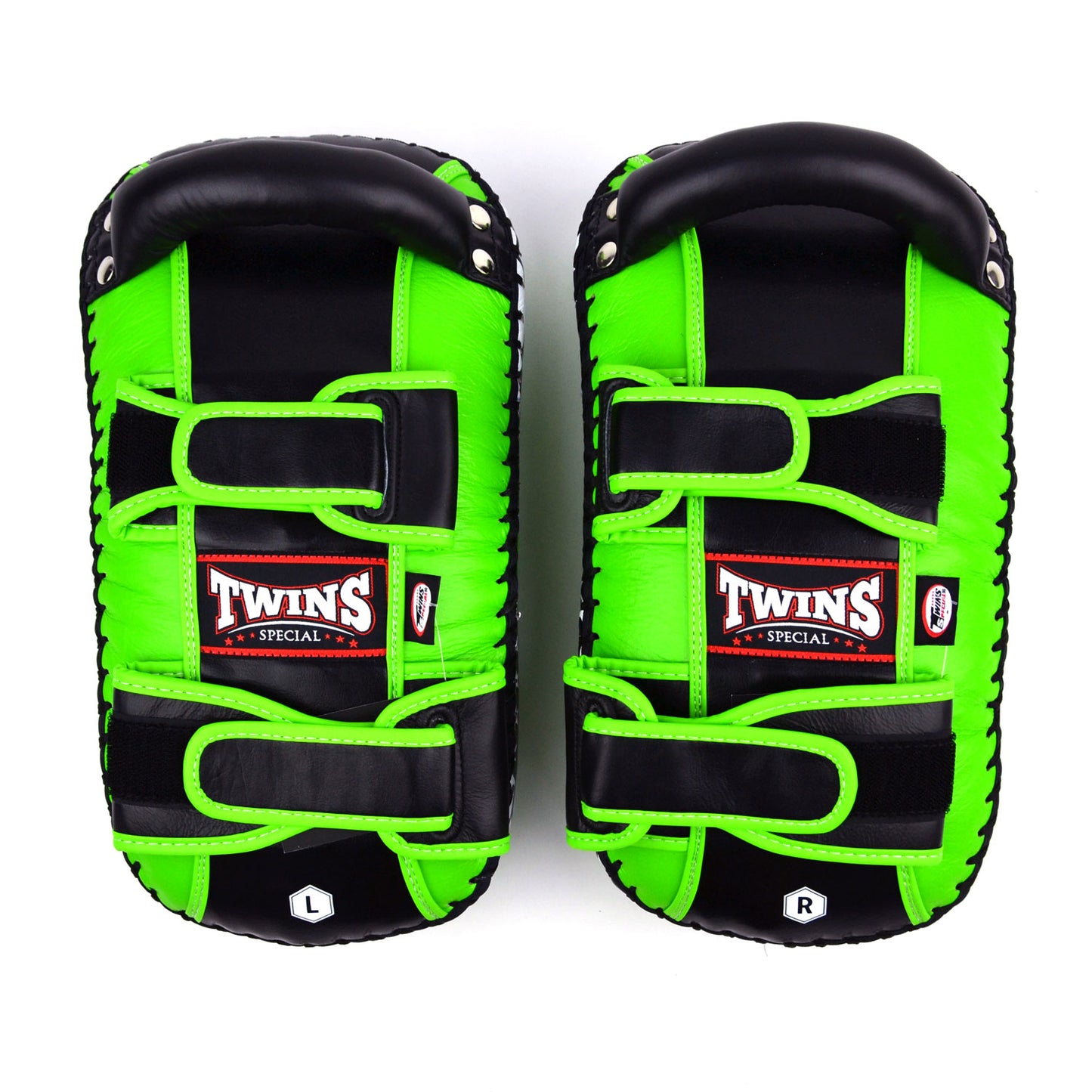 Green kick pads with Twins Special logo on a white background