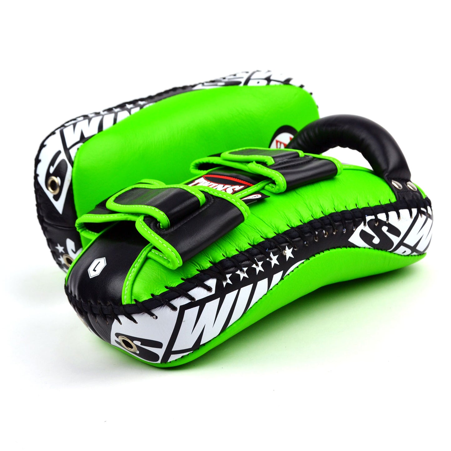 Green kick pads with Twins Special logo on a white background