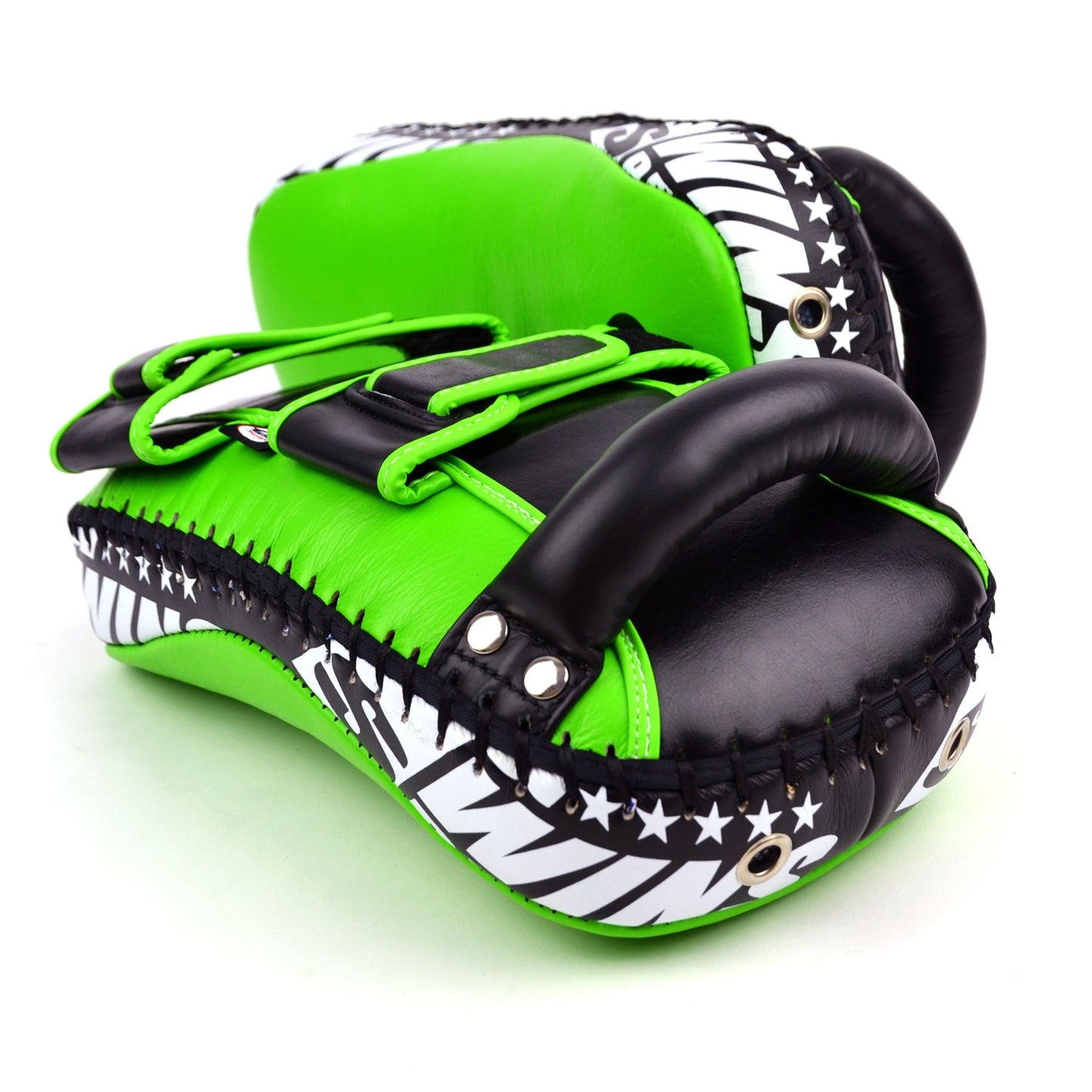 Green kick pads with Twins Special logo on a white background