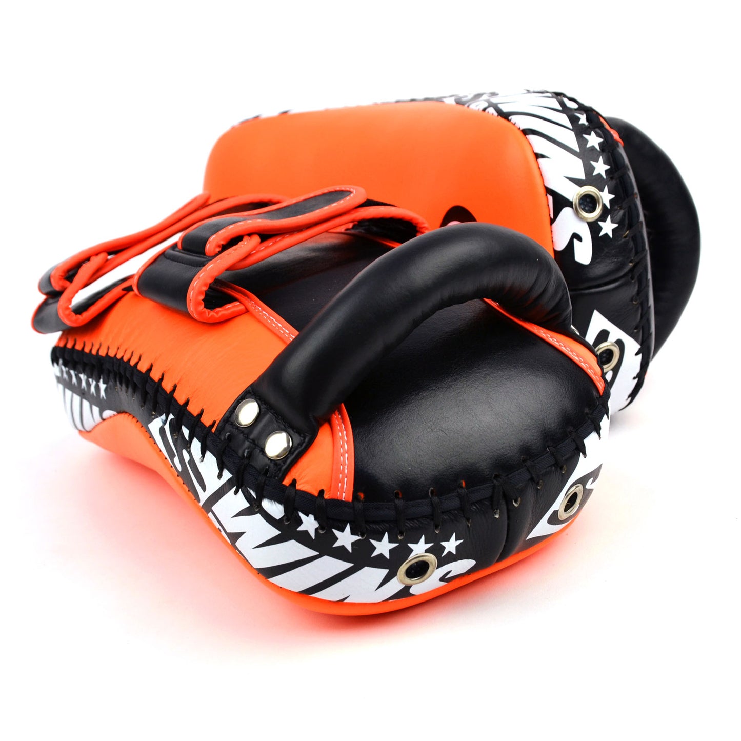 Orange kick pads with Twins Special logo on a white background