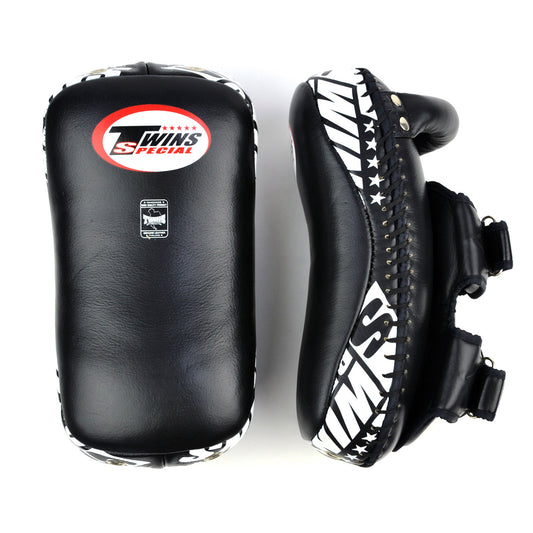 Black martial arts kick pads with Twins Special logo on a white background