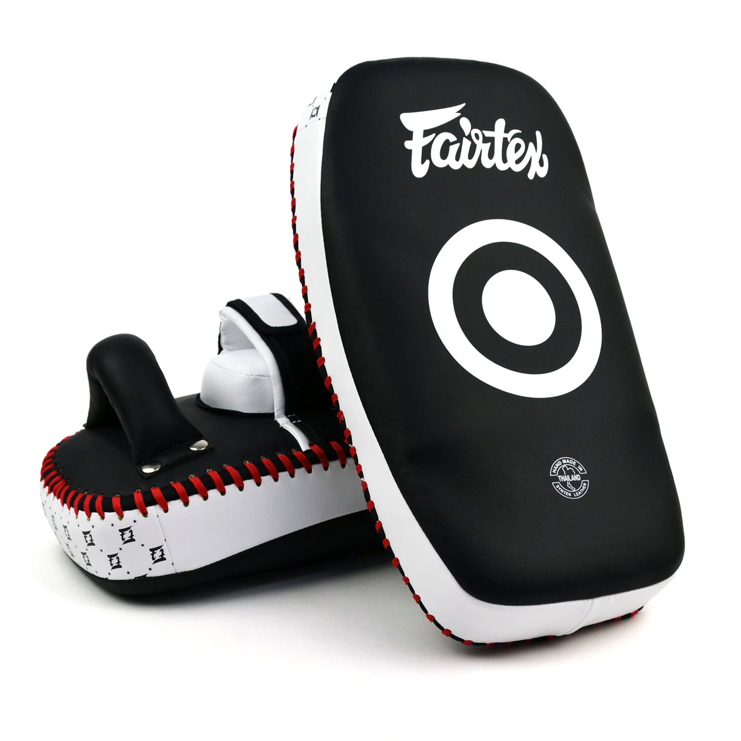 Fairtex kick pads with white and red accents on a white background