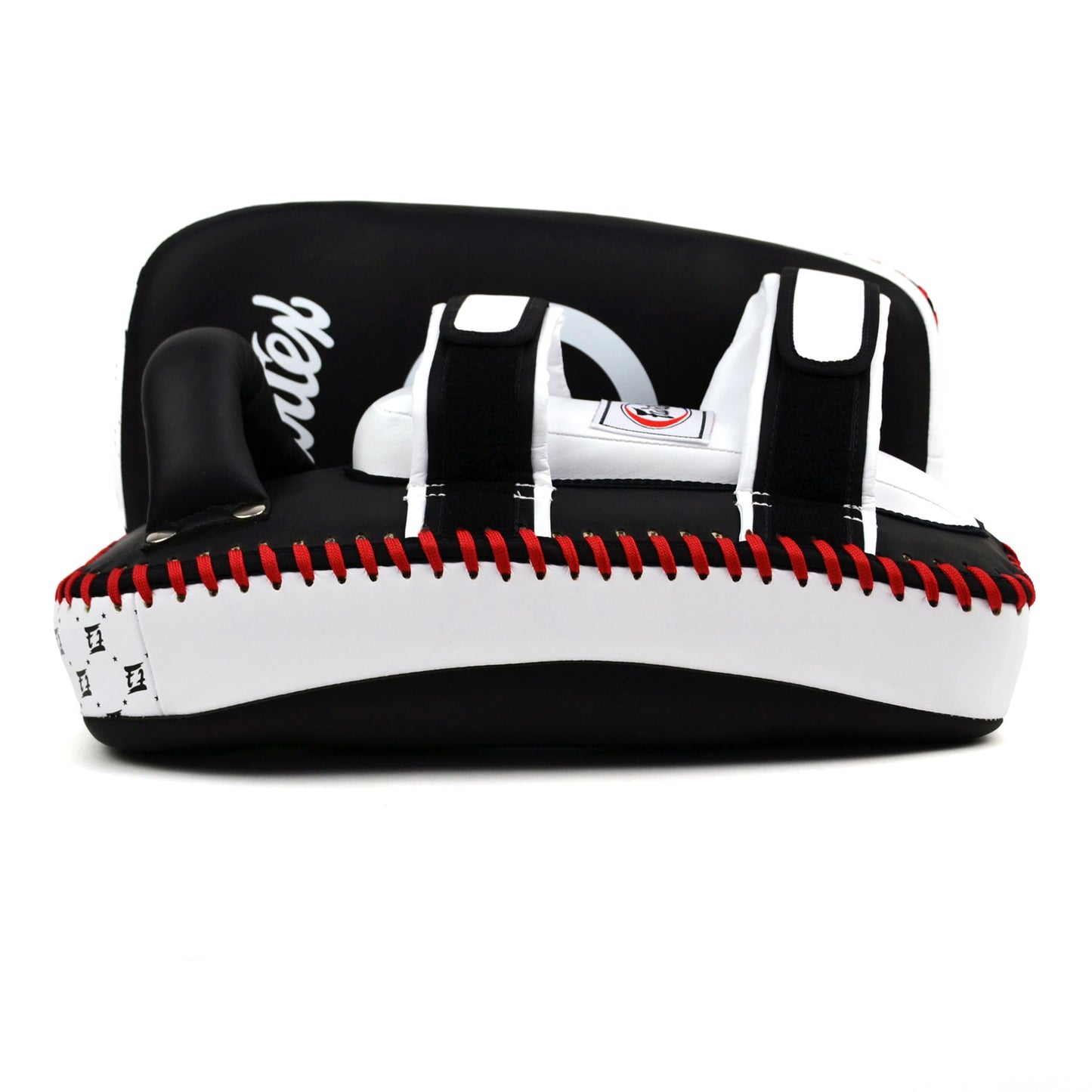 Black and white Fairtex boxing pads with a target design on a white background
