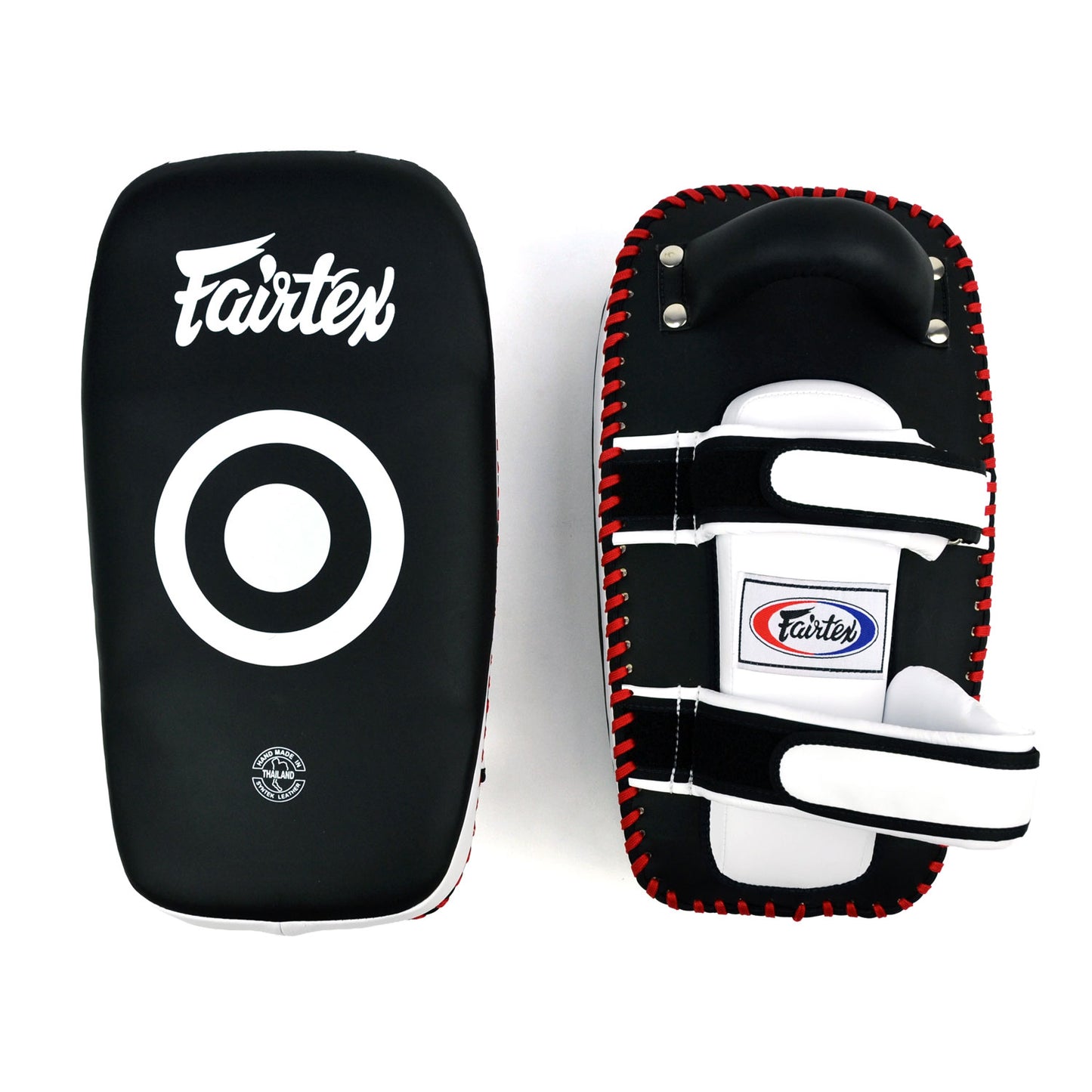 Fairtex kick pads with white and red accents on a white background