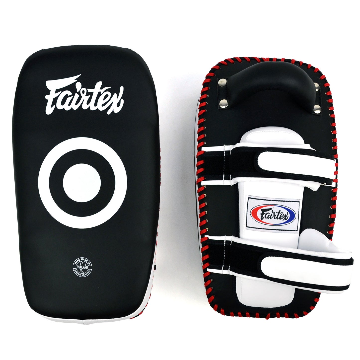 Fairtex kick pads with white and red accents on a white background