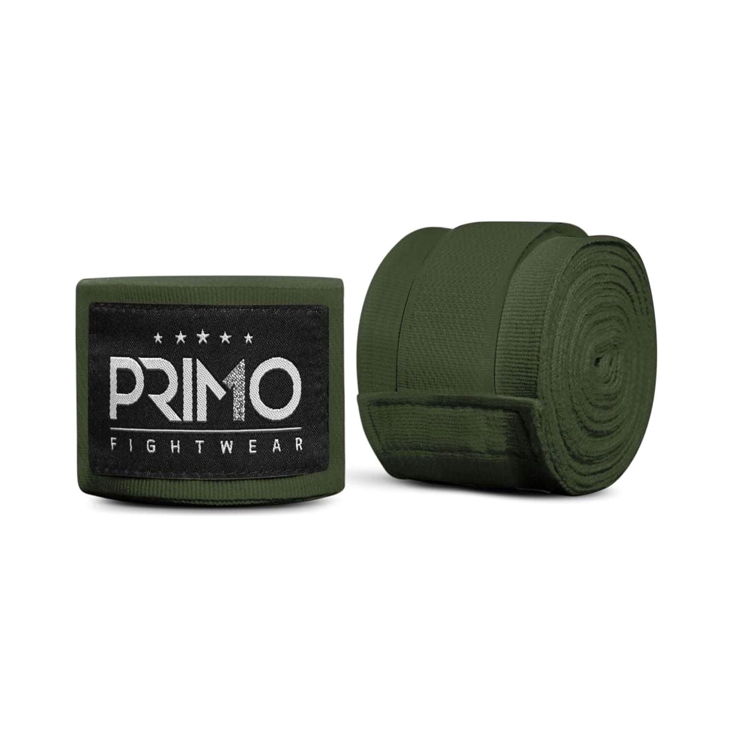Green boxing hand wraps with Primo Fight Wear label on a white background