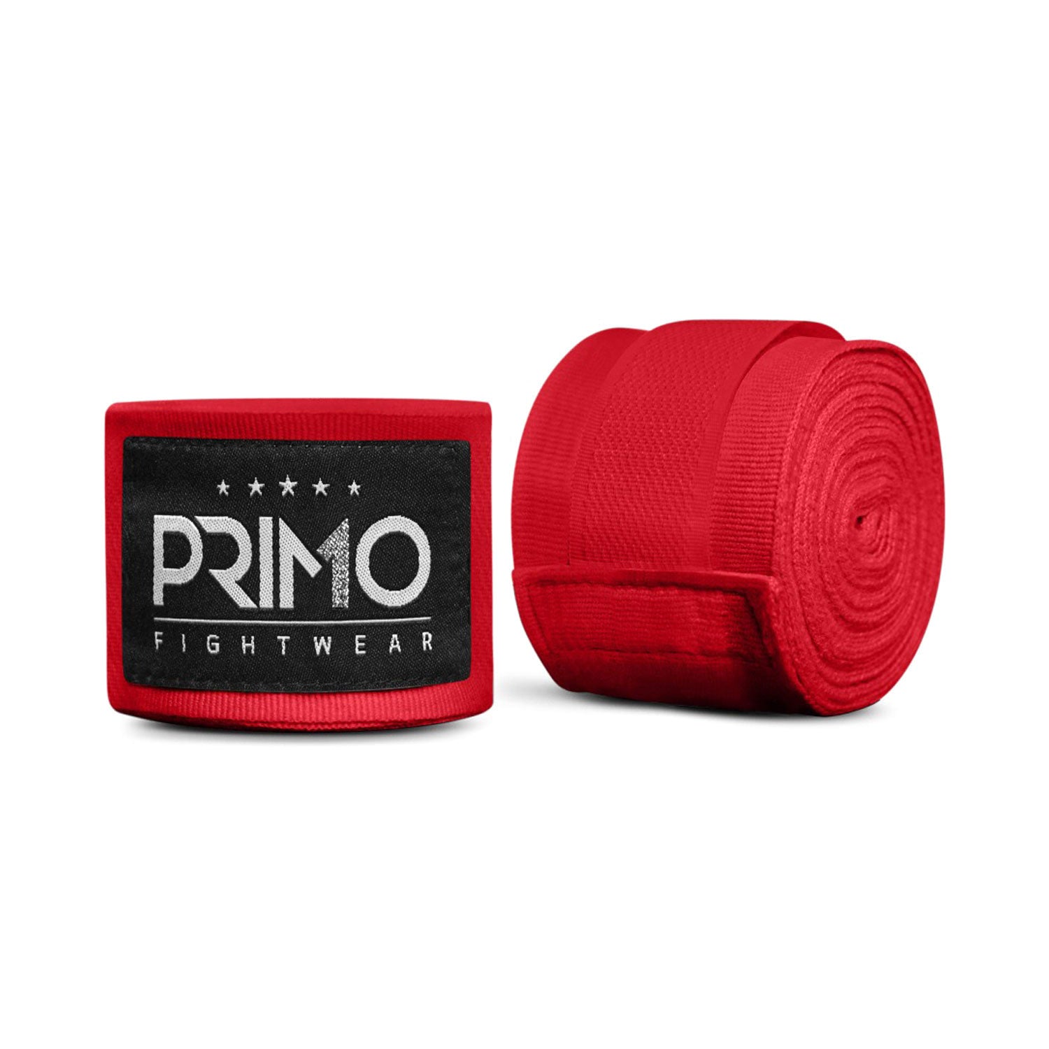 Red boxing hand wraps with Primo Fight Wear logo on a light gray background