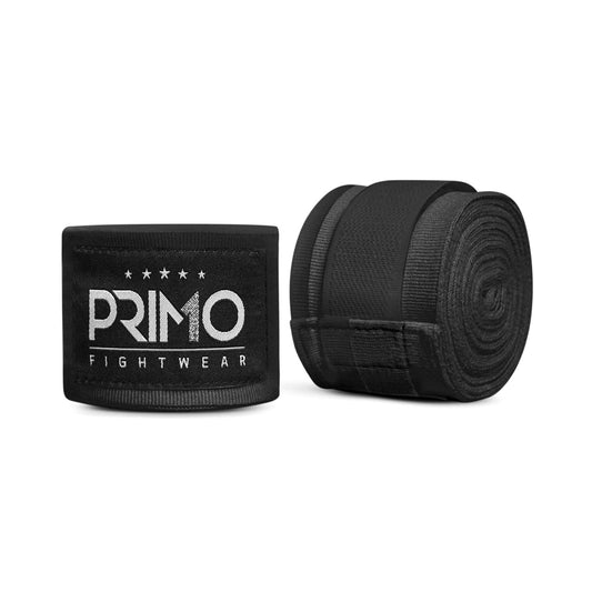 Black boxing hand wraps with Primo Fight Wear logo on a white background