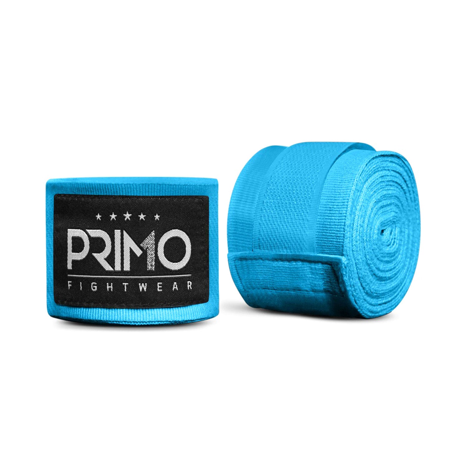 Blue boxing hand wraps with Primo Fight Wear label on a white background