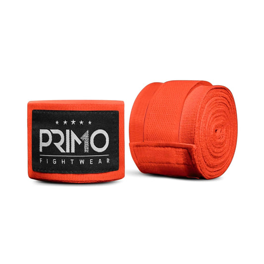Orange boxing hand wraps with Primo Fight Wear label on a white background