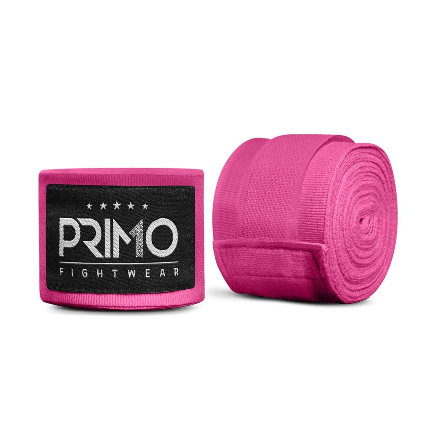 Pink boxing hand wraps with Primo Fightwear label on a white background