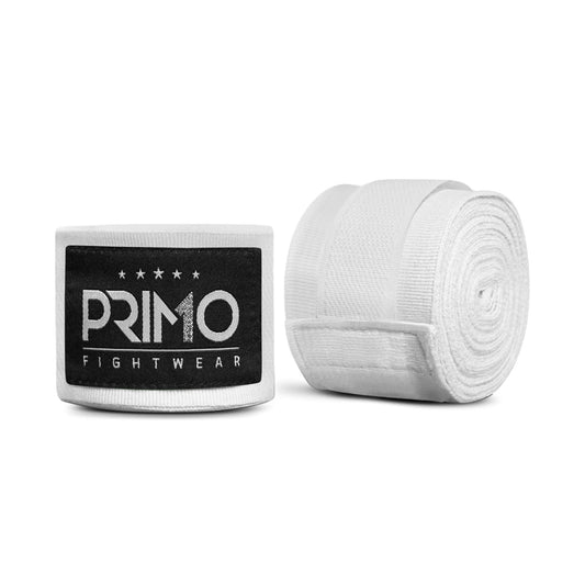 Roll of white boxing hand wraps with Primo Fight Wear branding on a white background