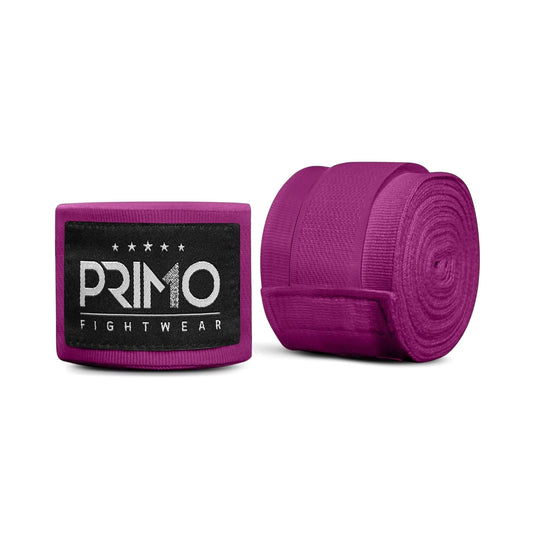 Purple boxing hand wraps with Primo Fight Wear packaging on a white background