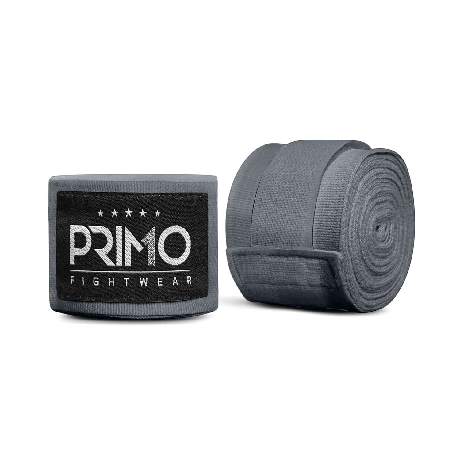 Gray boxing hand wraps with Primo Fight Wear logo on a white background