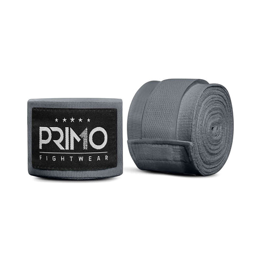 Gray boxing hand wraps with Primo Fight Wear logo on a white background
