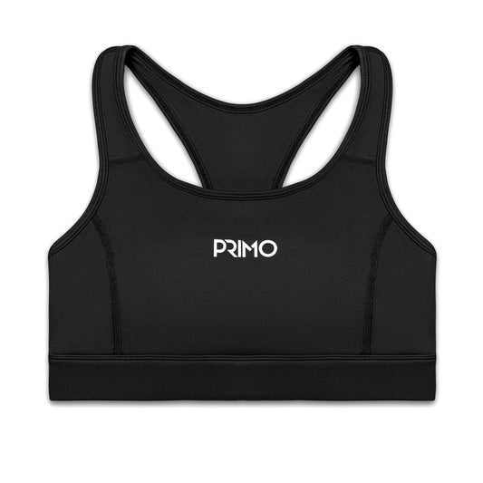 Black sports bra with 'PRIMO' logo on a white background