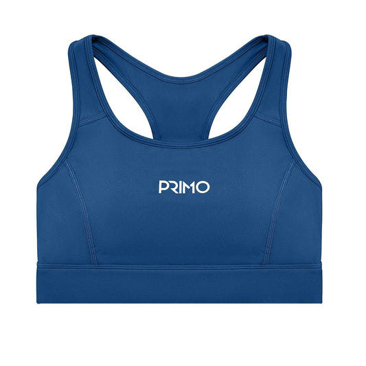 Blue sports bra with 'PRIMO' logo on a white background