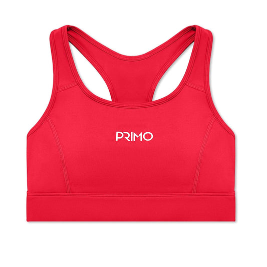 Red sports bra with 'PRIMO' logo on a white background