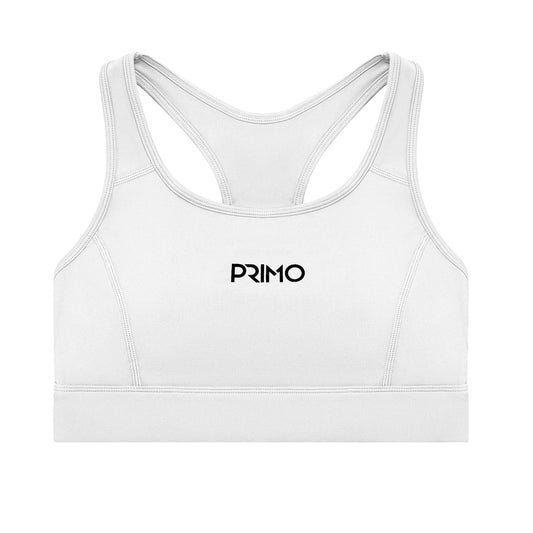 White sports bra with 'PRIMO' logo on a white background