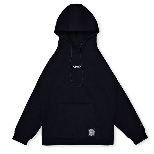 Black hoodie with 'PRIMO' branding on a white background