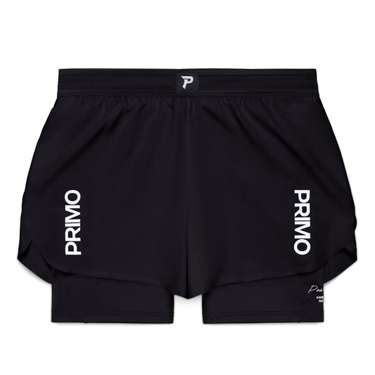 Black shorts with 'Primo' branding on a white background