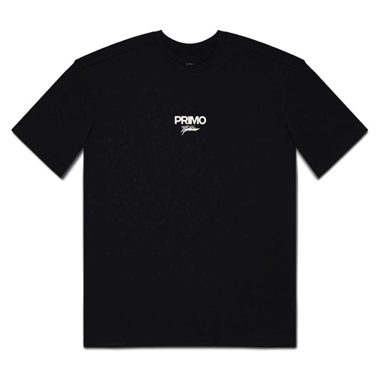 Black t-shirt with 'PRIMO' logo on a white background