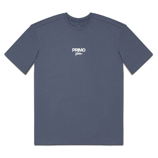 Navy blue t-shirt with 'PRIMO' logo on a light gray background