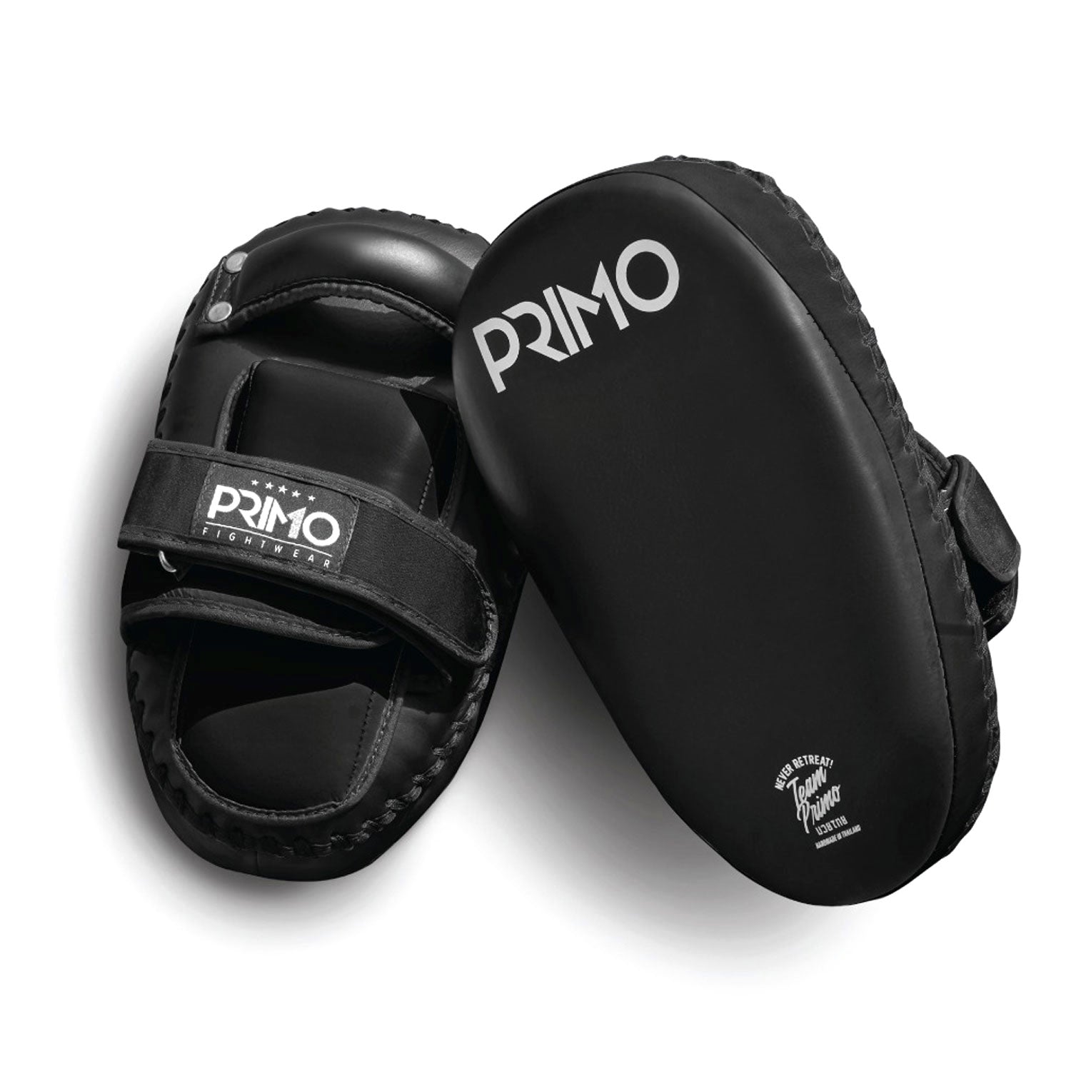 Black Primo boxing focus mitts on a white background