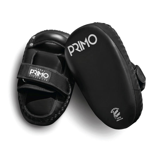 Black Primo boxing focus mitts on a white background