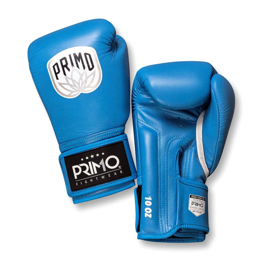 Blue boxing gloves with Primo Fightwear logo on a white background