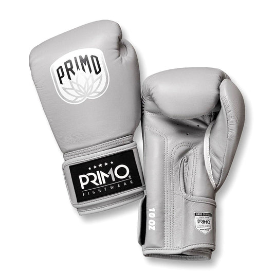 Gray boxing gloves with Primo Fightwear logo on a white background