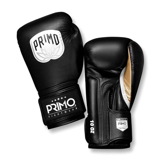 Black boxing gloves with 'Primo' branding on a white background