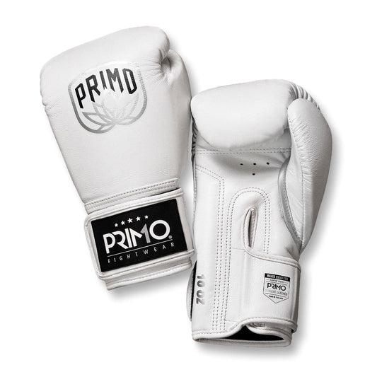 White boxing gloves with Primo Fight Wear branding on a white background