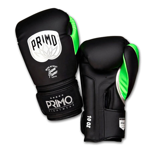 Black boxing gloves with green accents and 'Primo Fightwear' branding on a white background
