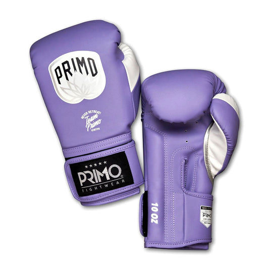 Purple boxing gloves with 'Primo' branding on a white background
