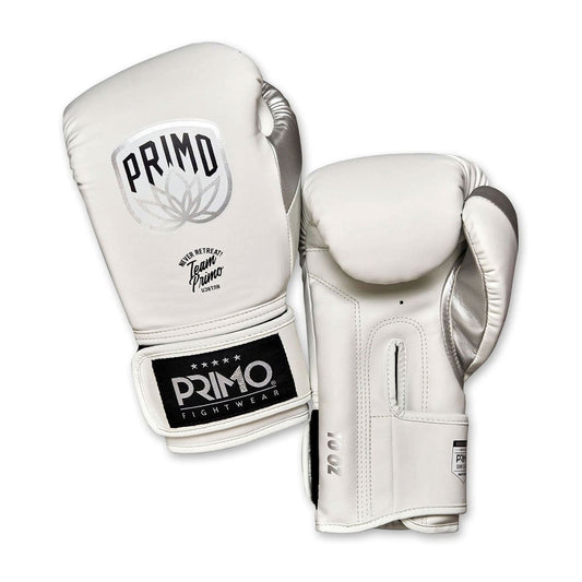 White boxing gloves with Primo Fight Wear branding on a white background