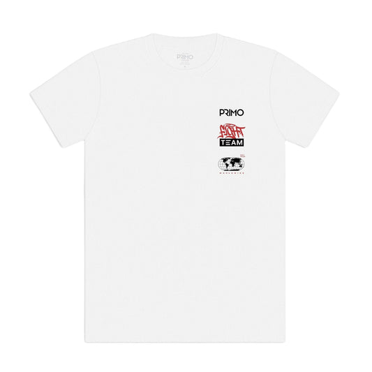 White t-shirt with black and red graphic design on a white background