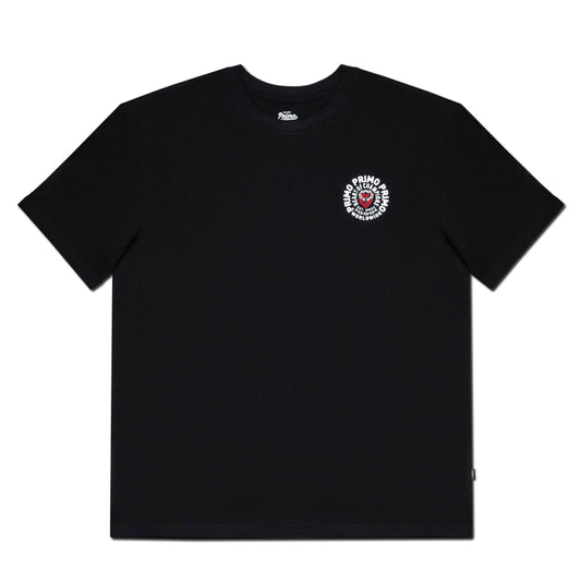 Black t-shirt with a small logo on the chest against a white background