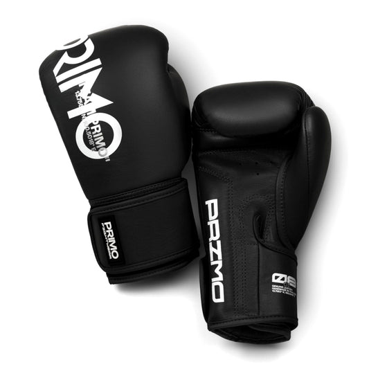 Black boxing gloves with Primo logo on a white background