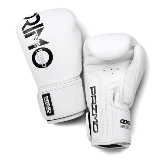White boxing gloves with Primo branding on a white background