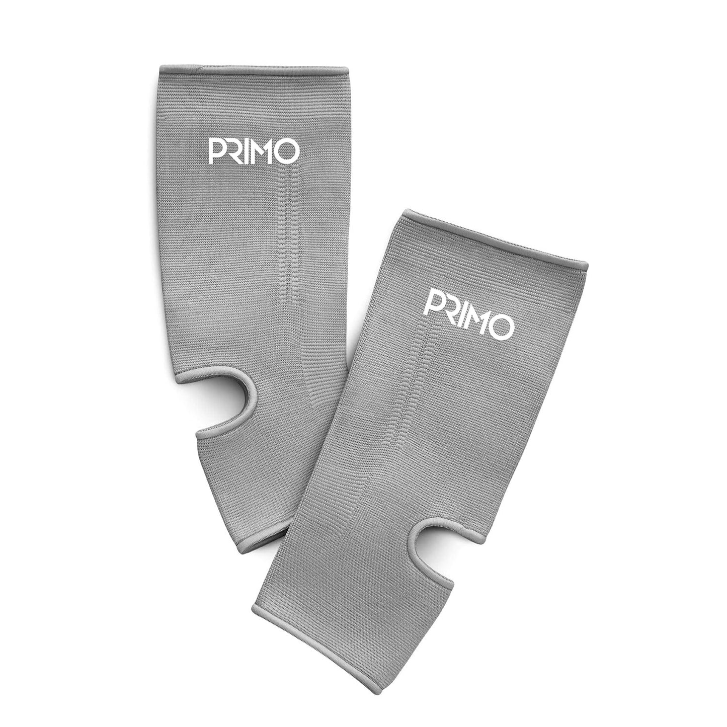 Gray ankle support sleeves with 'Primo' branding on a white background