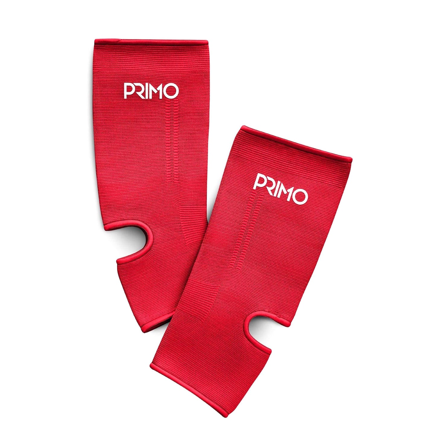 Red ankle support sleeves with 'Primo' branding on a white background