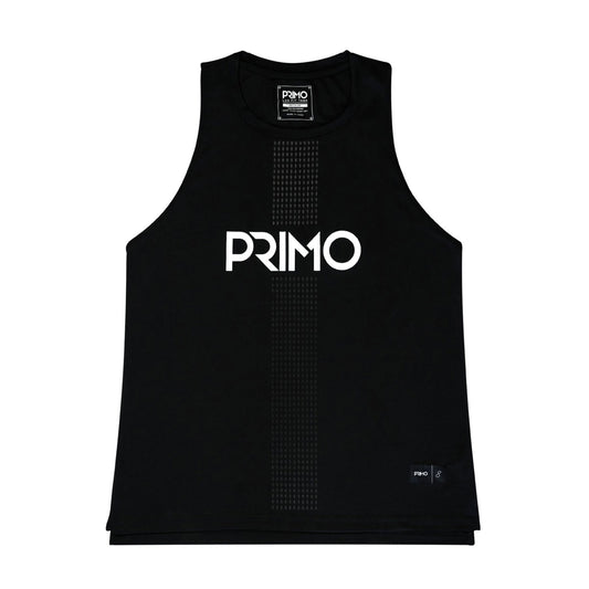 Black sleeveless shirt with 'Primo' branding on a light gray background