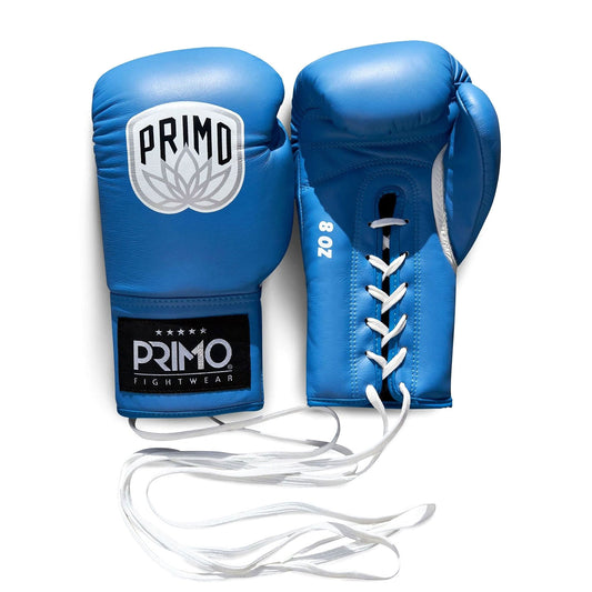 Blue boxing gloves with white laces on a white background, featuring the Primo Fightwear logo.