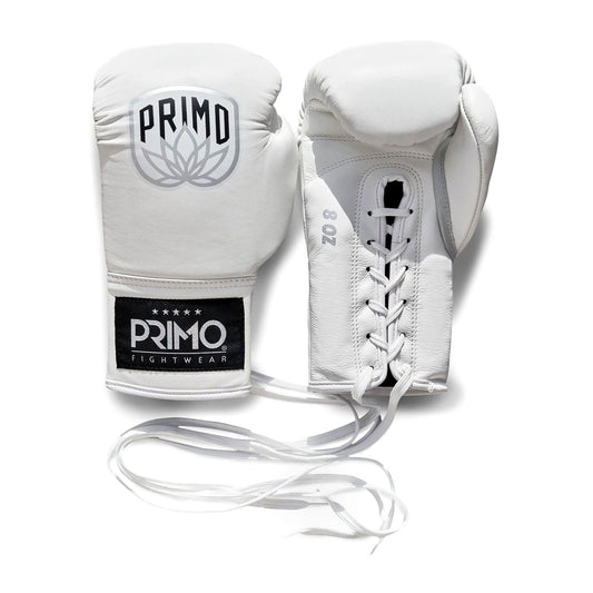 White boxing gloves with Primo Fightwear branding on a white background