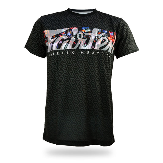 Black Fairtex t-shirt with colorful text and graphics on a white background