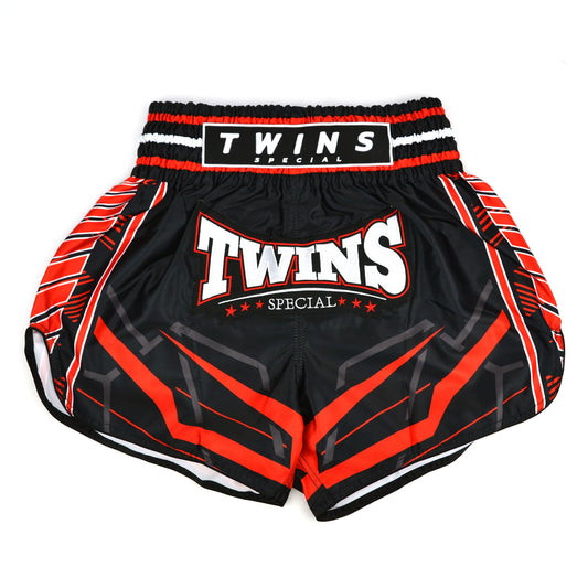Black and red Twins Special boxing shorts on a white background